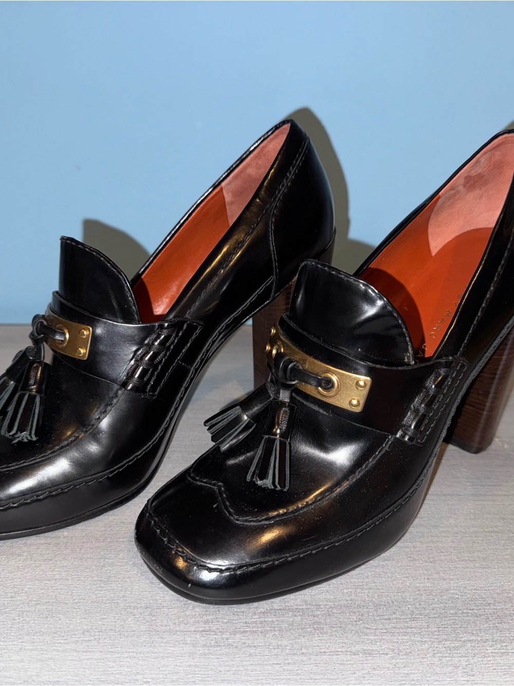 Marc By Marc Jacobs Black Leather Tassel Block Heel Loafers with Gold Accent